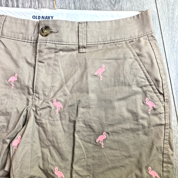 Old Navy Pink Flamingo Chino Shorts Tan & Pink embroidery ladies size 4 preppy - Picture 4 of 9
